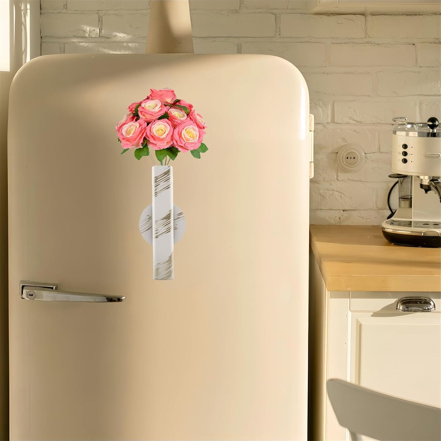 Self Adhesive Wall Vase Metal Tube Decoration Holder Used to Display Dried Flower, Faux Flowers, Fake Flowers, Also Suitable for Cemetery Memorial Decoration (1 Pcs White Gold Stripe)