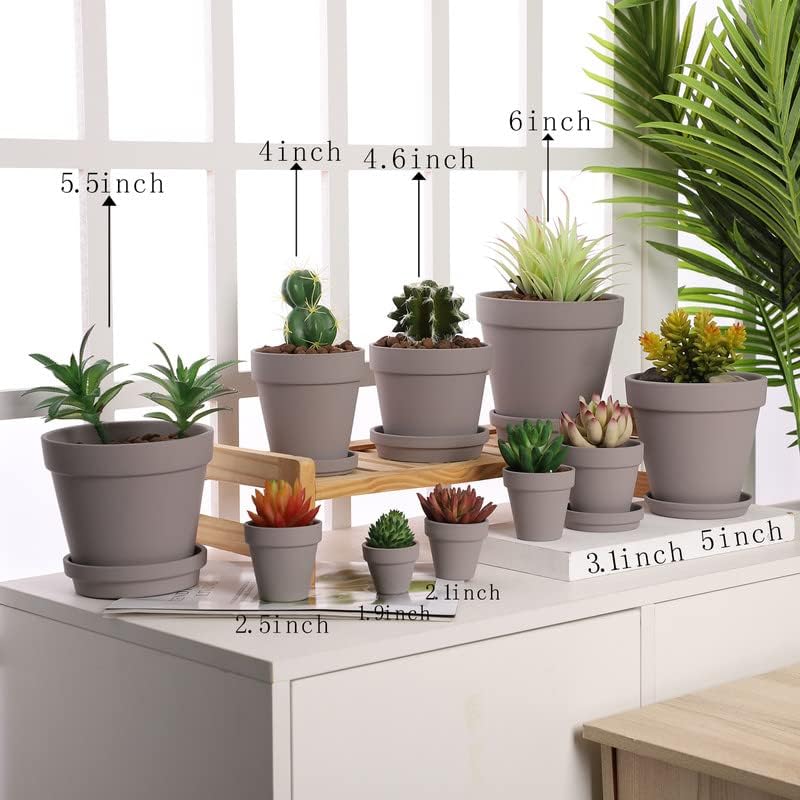 Grey Terra Cotta Pots with Saucer - 6-Pack Small 4'' Clay Ceramic Pottery Planter for Cactus, Flowers, Succulents - Drainage Hole, Great for Plants, DIY Craft Projects