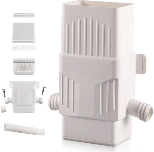 Downspout Diverter, Rain Barrel Diverter Kit-Rainwater Collection System Fits 2x3 or 3x4 Inch Downspout with Filtration and PVC Spigot, White