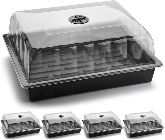 Leak-Proof Seed Starter Trays with 4" Humidity Dome & Drip Tray - 5-Pack Heavy-Duty Plastic Propagation Kit for Herbs, Microgreens, Indoor Gardening, Durable Reusable Plant Growing Trays