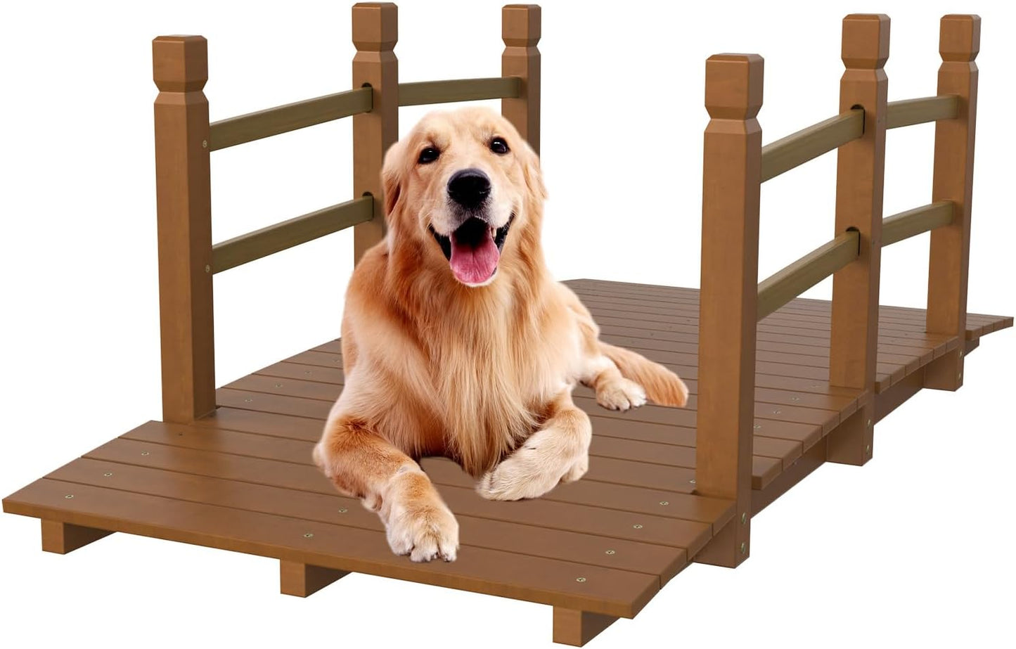 VINGLI Garden Bridge, Classic Wooden Arch with Safety Rails Footbridge (Brown, 5 ft)