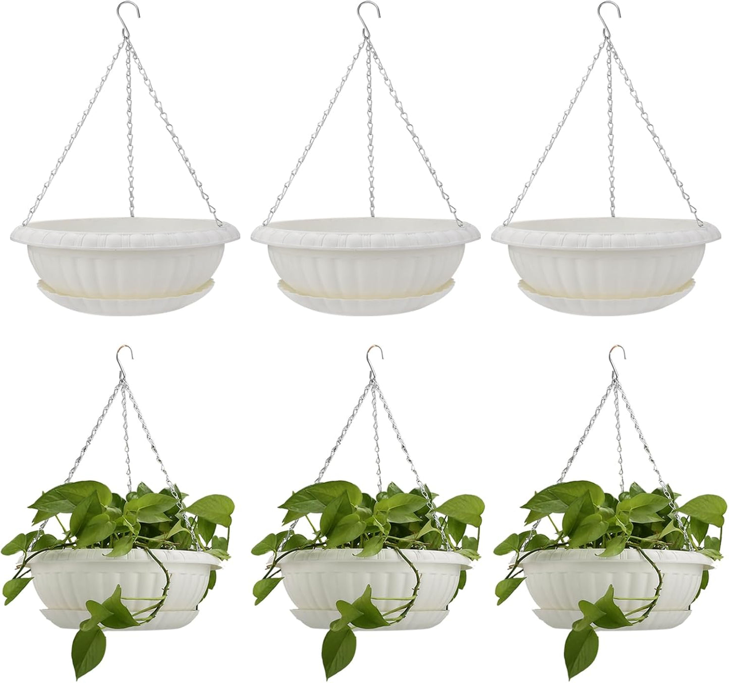 12.59in Hanging Planter Pots for Outdoor and Indoor Plants Flowers with Drainage Hole Tray Hooks Plastic Plant Baskets for Garden Home Porch (White, Pack of 6)