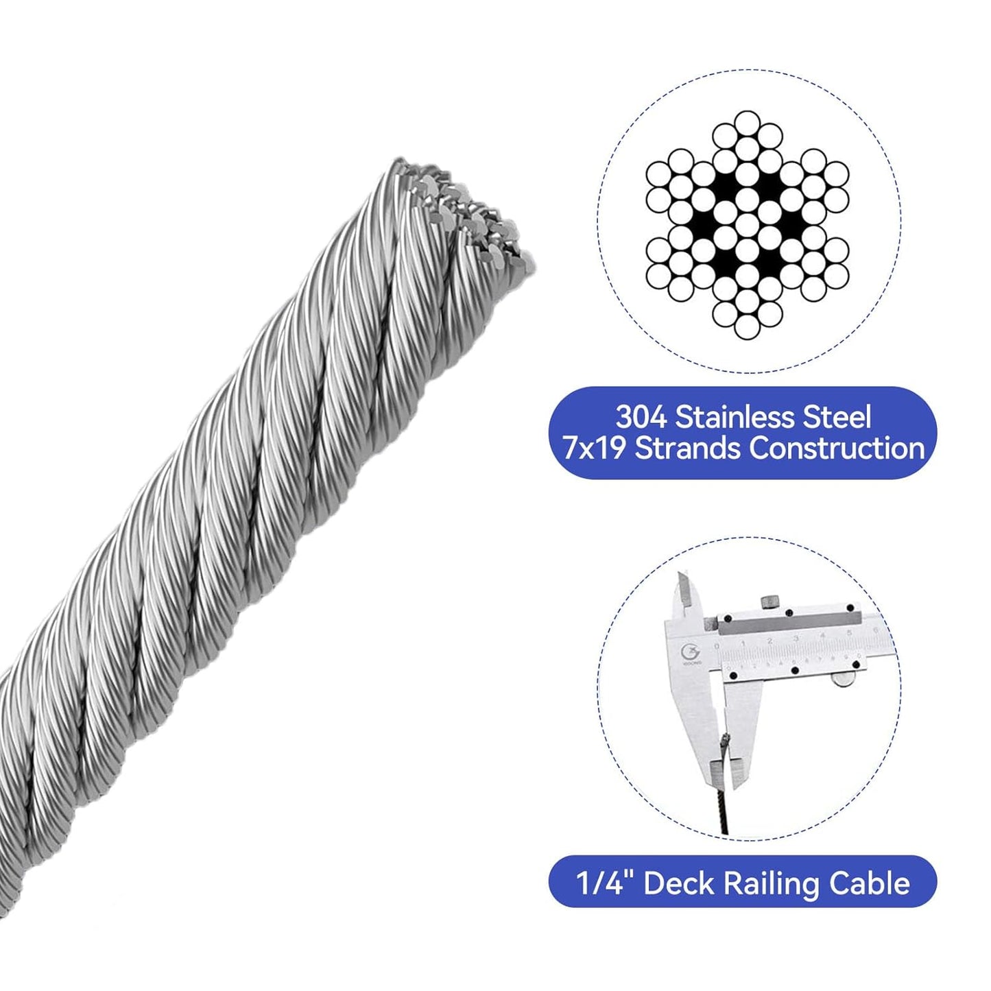1/4" Stainless Steel Cable,7x19 Strand Aircraft Wire Rope,Cable for Heavy Duty Applications,Zip Iine and Outdoor Pulley Cables,Deck Railing, with Gloves,Breaking Strength 6400 Ibs,600FT