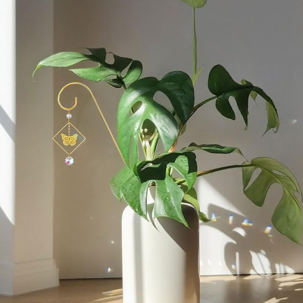 HDCRYSTALGIFTS 6pcs Crystal Butterfly Suncatchers with 13'' Gold Trellis for Mini Potted Plants Decorations, Garden Indoor Plant Accessories Fairy Garden Sun Catchers, Plant Lover Gift