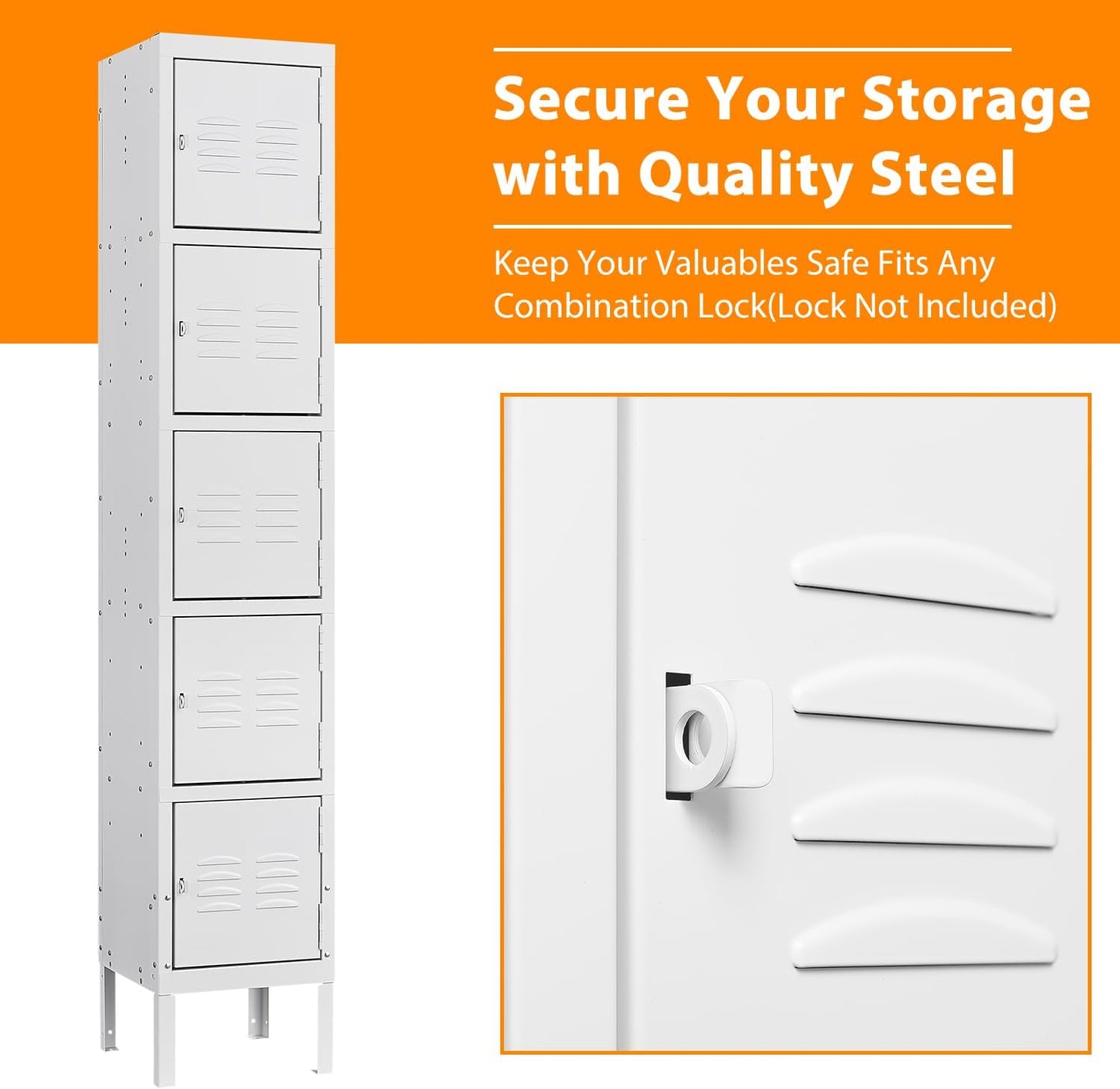 Metal Lockers for Employees, Steel Storage Locker with 5 Doors for Home, Office, School, Gym (White)