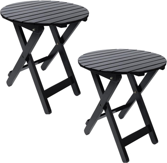 Outdoor Patio Side Table Set of 2 Small Folding Wood Round End Table Coffee Furniture for Living Room, Bedroom, Plant Stand, Camping Portable Black