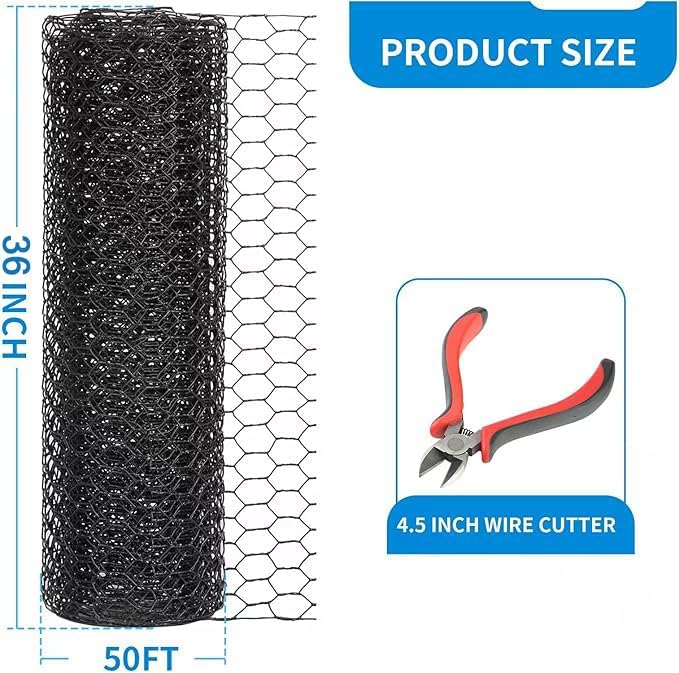 36'' x 50' Black Chicken Wire Fencing, 1 inch Chicken Wire and 20 Gauge Poultry Netting, Garden Mesh Fence Roll for Floral Arrangements/Crafts/Farm/Livestock/Pet Protection