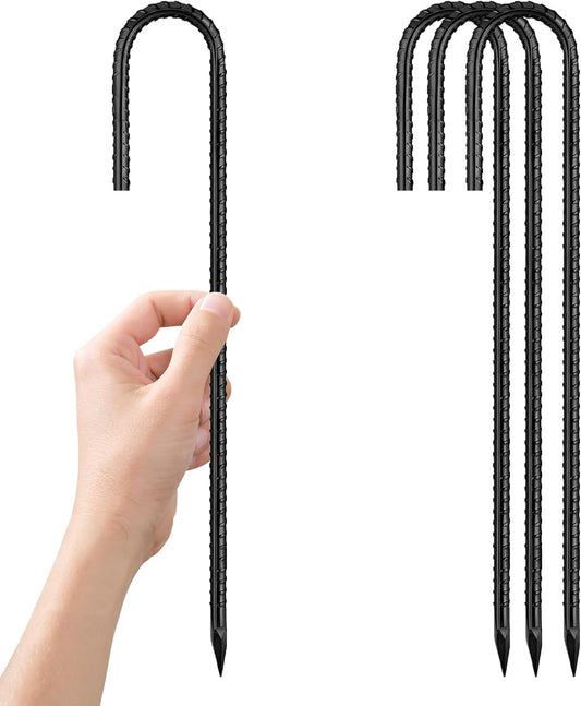 Rebar-Stakes-12Inch,J Hooks Ground Stakes Anchors for Gardening Black Coated Ground Stakes 4pcs Anti-Rust Heavy Duty Dog Fence Fixed Water Pipes Soccer Goals Tent Camping Trampoline