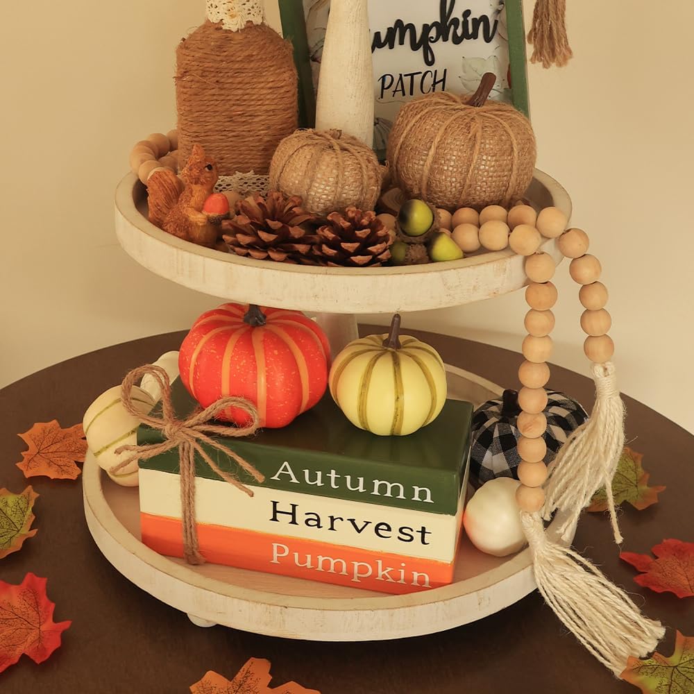 DECSPAS Fall Decorations for Home, Autumn Harvest Wooden Stacked Books Sign with Pumpkins & Bow for Fall Decor, Thanksgiving Tabletop decorations for Tiered Tray, Shelf, Table, Mantle, Fireplace
