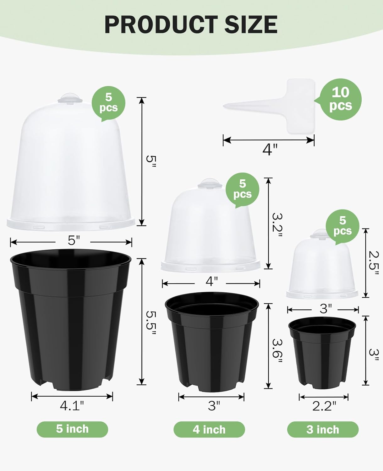 homenote Nursery Pots for Plants,3/4/5 Inch Plant Pot for Planting with Humidity Domes Plastic Seedling with Drainage Holes Seed Starter Flower with 10 Labels Black (15 Pack)