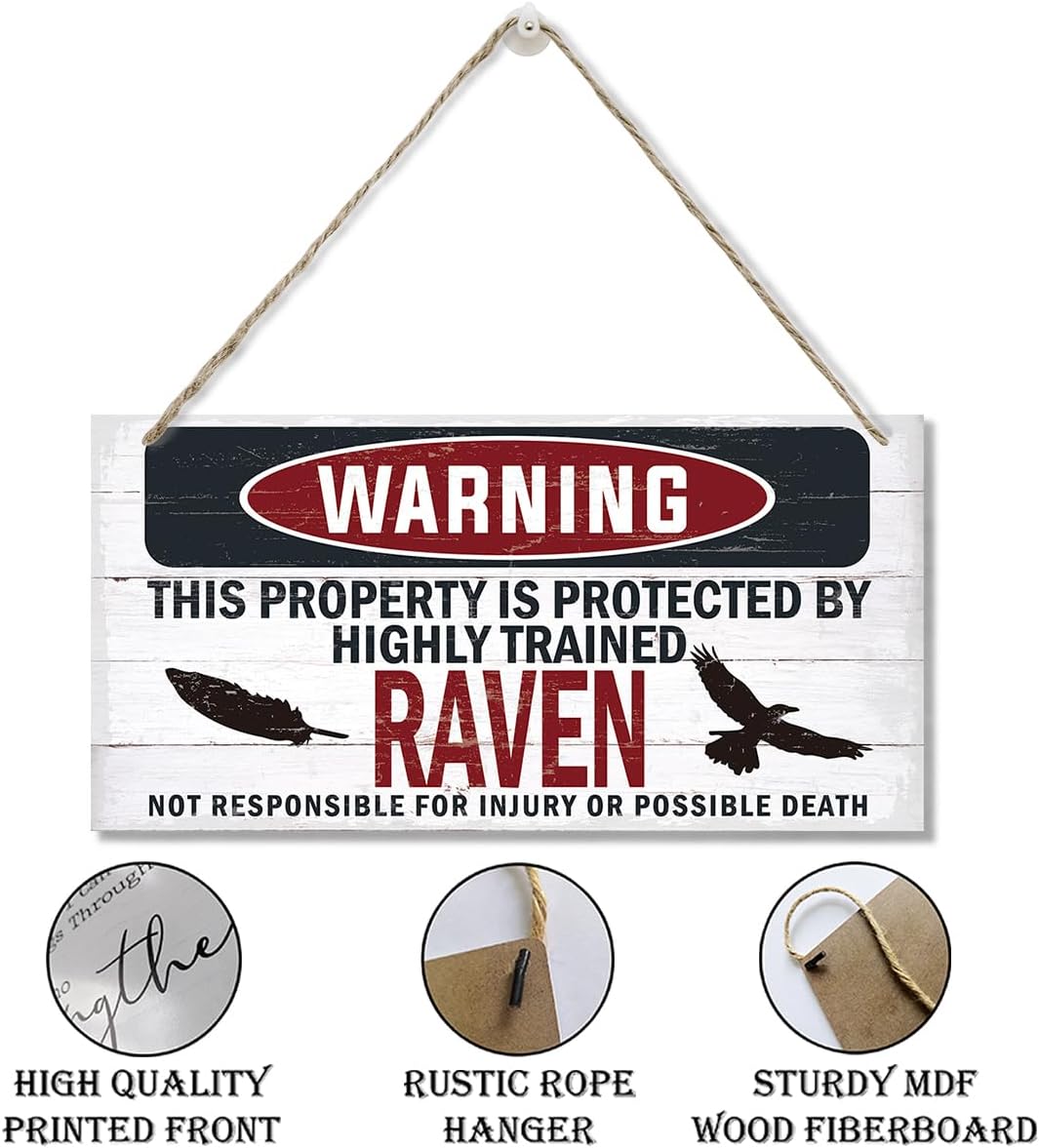 Warning Sign, Raven Warning Wood Plaque Sign, Funny Door Signs, Decorative Wood Hanging Suspension Plaque, Farmhouse Wooden Wall Decor, Outdoor Hanging Wooden Signs