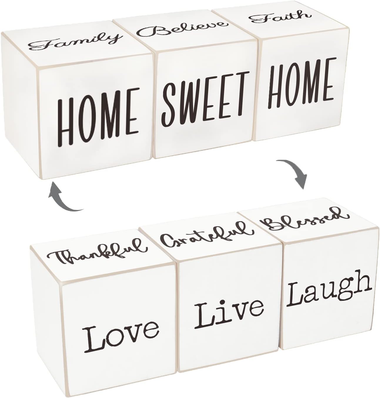 Rustic Home Decor - 4-Sided Wooden Blocks, Home Sweet Home&Thankful Grateful Blessed&Family Believe Faith&Love Live Laugh Sign, Modern Farmhouse Decorations for Shelf Tiered Tray Entryway Coffee Table