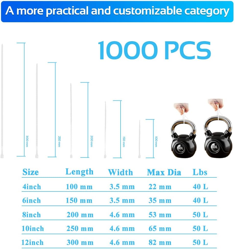 1000pcs 12Inch Nylon Zip Ties, 50 Pounds Tensile Strength,White Cable Tie,Industrial Grade,UV Resistant,Heavy Duty,for Home,Garden Trellis,Office,Garage and Workshop