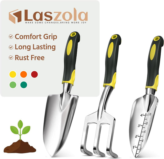 LASZOLA 3 Piece Garden Tool Set Include Hand Trowel Rake and Transplant Shovel for Women, Indoor Heavy Duty Small Spade Kit with Ergonomic Handle to Weed and Loosen, for Mom and Plant Beginner, Yellow