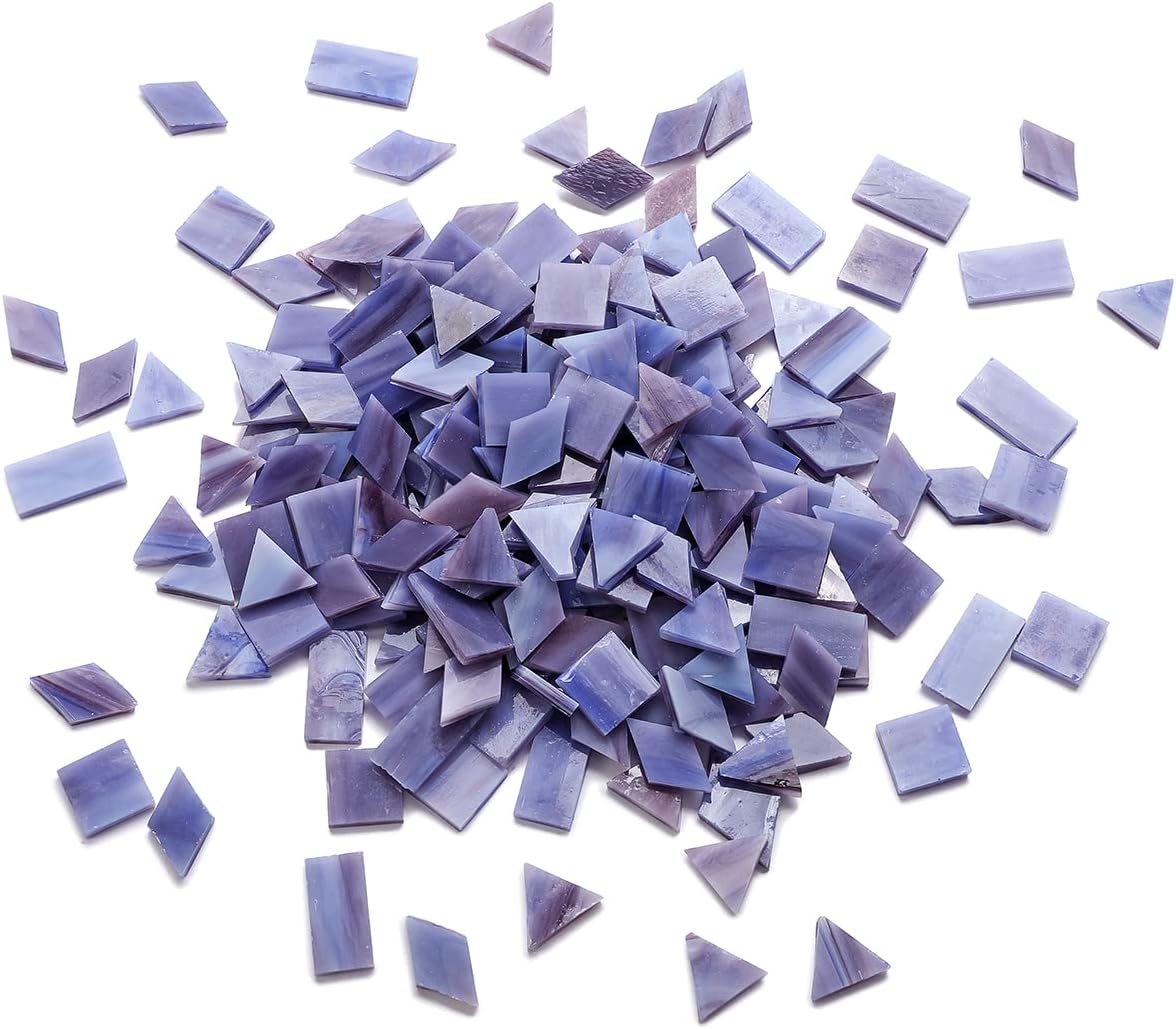 Lanyani Glass Mosaic Tiles for Art Crafts, 4 Shapes Mixed Colorful Glass Tiles Tiffany Stained Glass Pieces, 200 Pieces, Square/Rectangle/Diamond/Triangle,Blue Purple