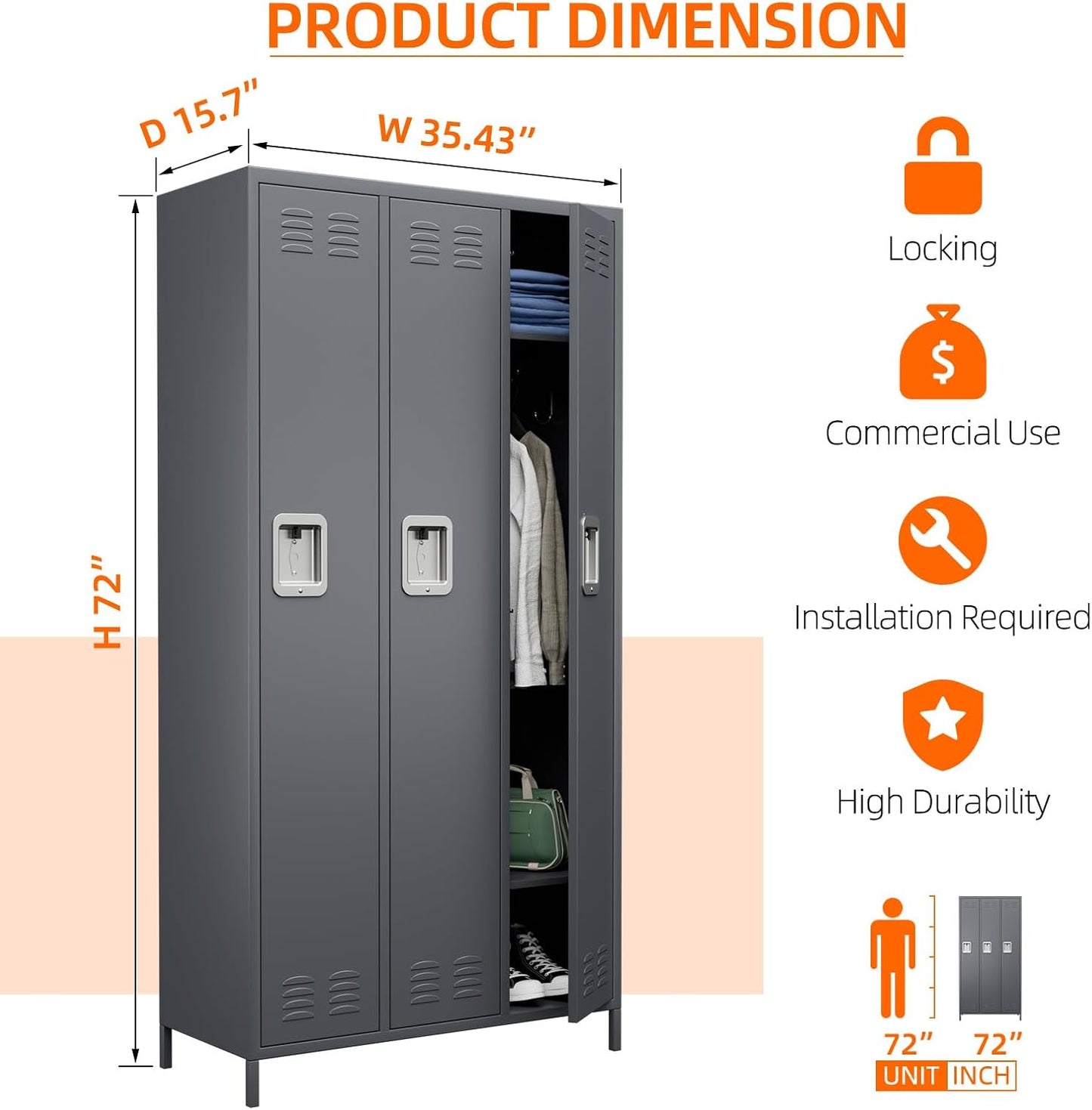 Metal Employee Lockers with 3 Doors,Metal Locker with 9 Hooks for Office Gym Garage Home,Assembly Required,Dark Grey