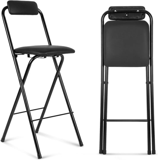 Thyle 1 Pcs Folding Bar Stool with Backrest, Tall Foldable Stool Chair Portable High Folding Bar Chair Counter Height Seat Leather Padded for Kitchen Island Shop Cafe Dining Room Black (24 Inch)
