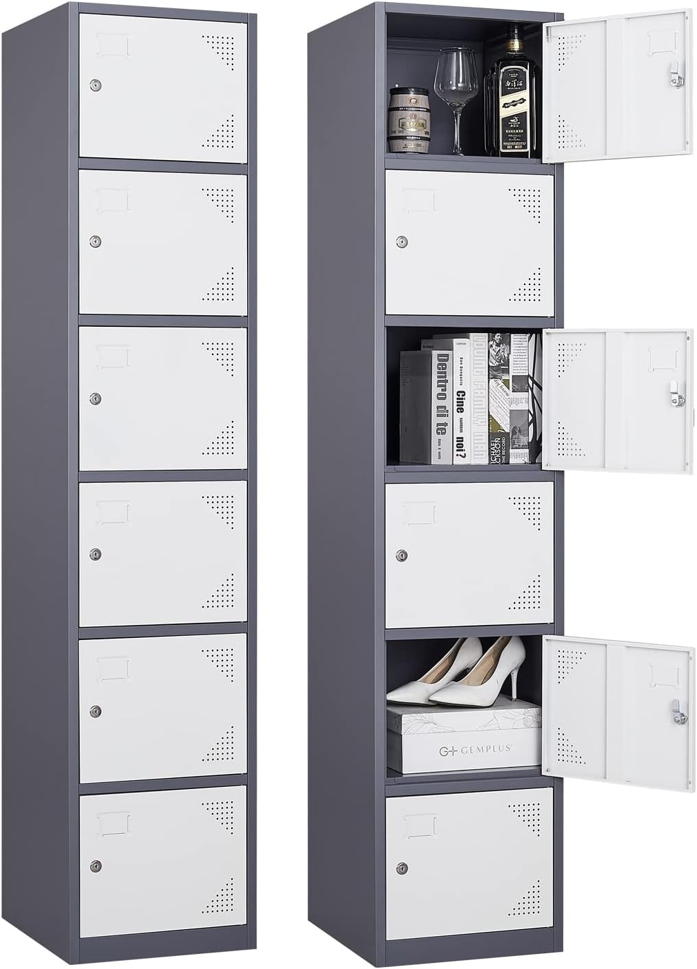 Metal Locker with 6 Doors, 71" Lockers for Employees Steel Storage Locker, Lockable Locker Cabinet for School, Gym, Home Office and Garage（Grey White）