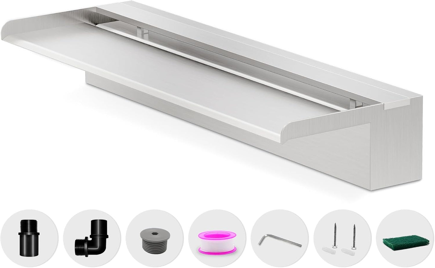 Waterfall Pool Fountain, LONGRUNNEW Stainless Steel Waterfall Spillway with Pipe Connector Kits for Outdoor/Indoor Decorative, 23.6 Inches Pool Water Feature for Garden Patio, Backyard Koi Pond Decor