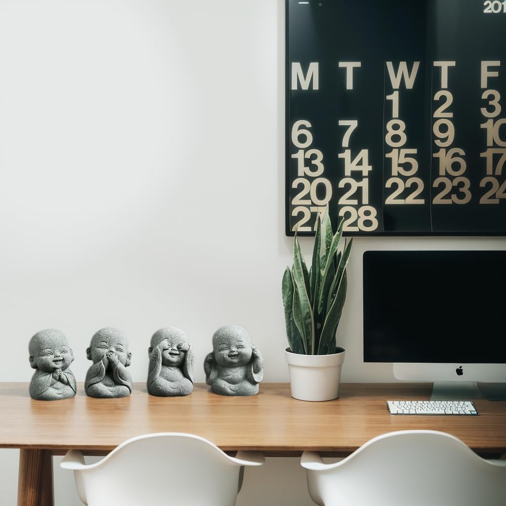 4-in-1 Buddha Statue Set for Spiritual, Feng Shui, Zen and Indoor/Outdoor Decor - Cute Buddha Statue for Home, Aquarium and Asian Garden Decor. with Amulet