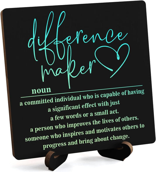 Wooden Table Sign Office Decor Difference Maker Definition Desk Decor Wood Plaque With Stand Thank You Gifts for Boss Women Best Mom Coworker Teacher Office Desk Accessories(Black)-C03