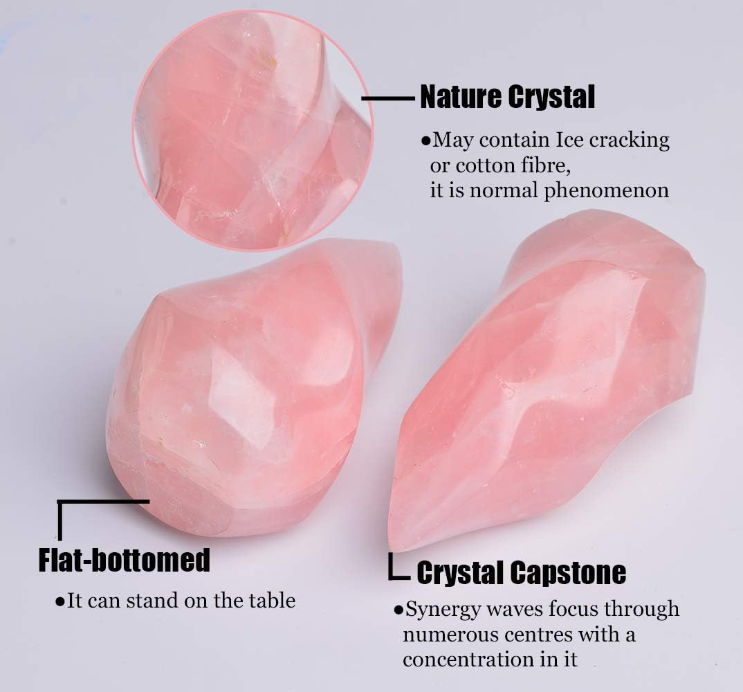 AMOYSTONE Rose Quartz Healing Crystal Large Flame Shaped Tower Standing Rose Quartz Protection Crystals for Witchcraft 1.5-2.2LB