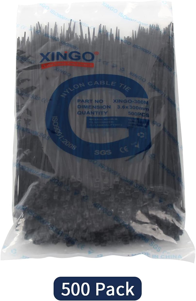 XINGO 12 Inch Black Cable Zip Ties (500 Pack), 40 Pounds Tensile Strength-Heavy Duty, Self-Locking UV Resistant Nylon Plastic Wire Ties for Indoor and Outdoor Use