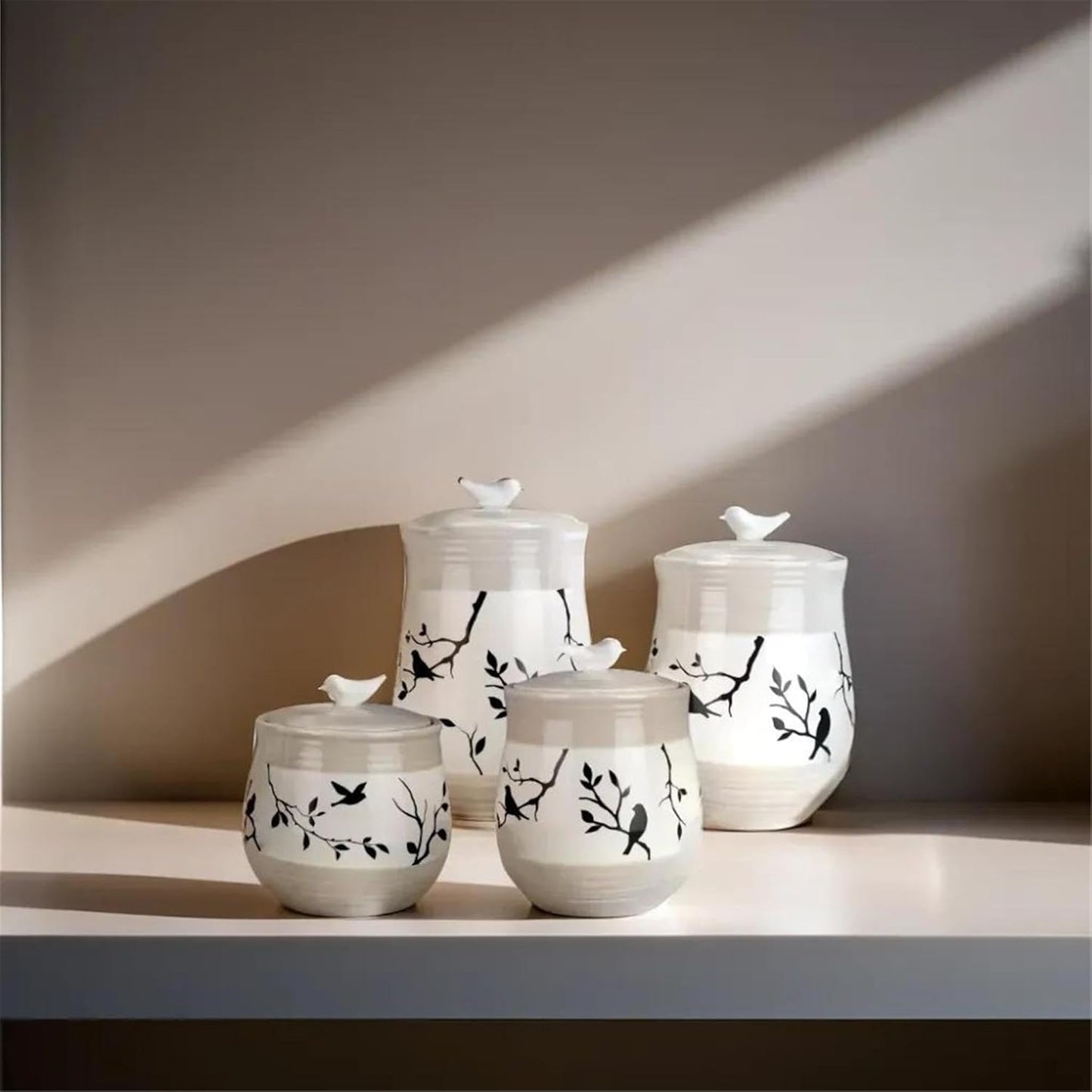 Young's Inc. 4 Pcs Set Botanical Ceramic Canisters- Storage Container for Kitchen and Bathroom - Beautiful Home Decor Accent to Store Food, Coffee, Tea, and More - Brown, White