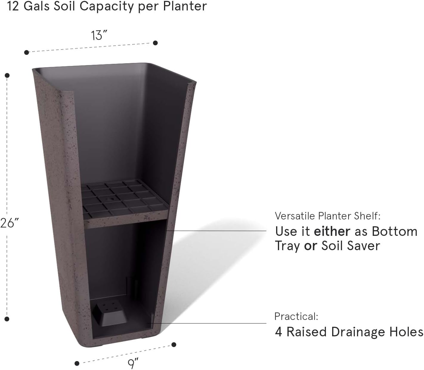 LA JOLIE MUSE 26 inch Tall Planters for Outdoor Plants,Set of 2 Tapered Planters with Trays,Iron Plastic Rectangular Tall Planters for Front Door, Patio and Deck, 26'' Iron With Tray