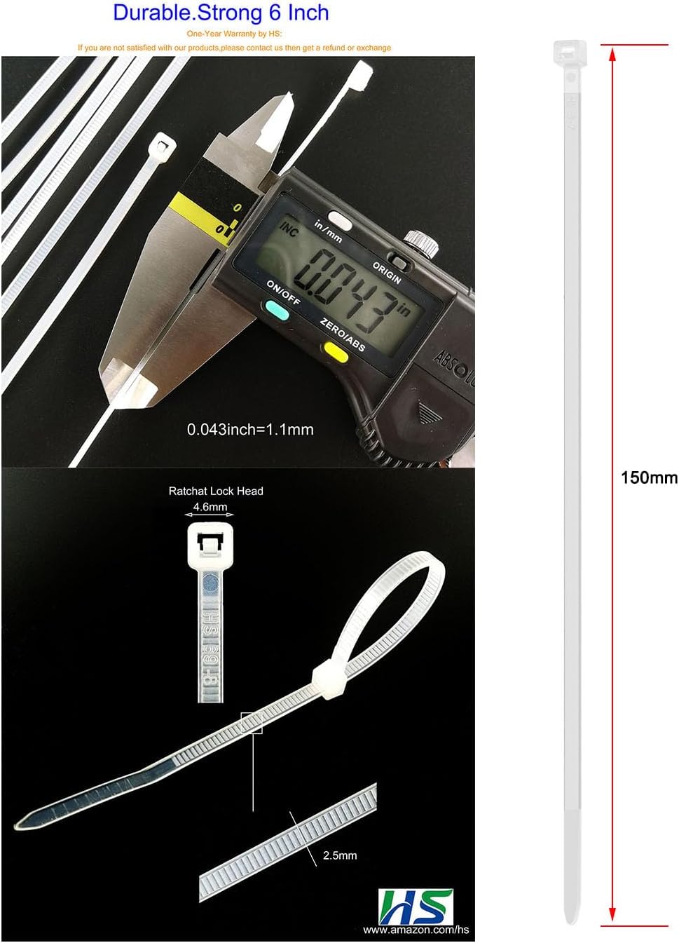 HS Clear Zip Ties 6 Inch Small (Bulk 1000 Pack) 18 LBS Self Locking Zip Ties White Nylon Ties Thin,Strong and Durable