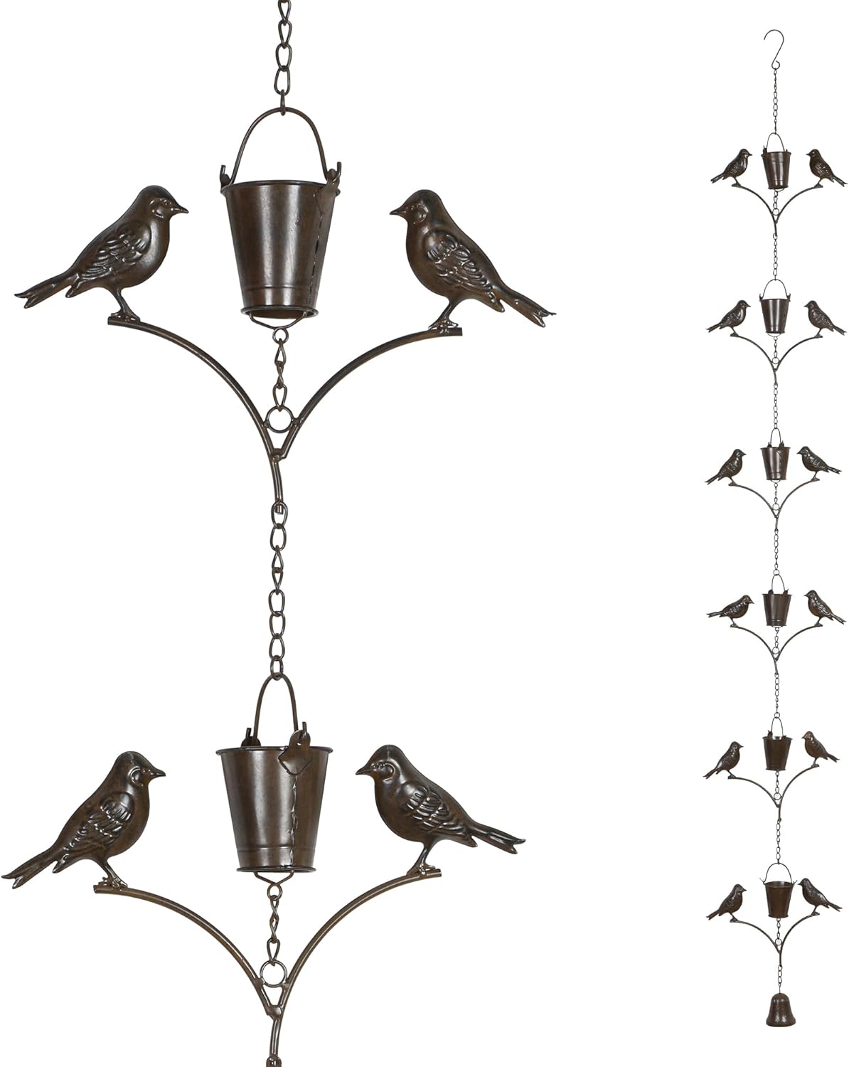 Metal Rain Chain Decoration 6.3FT., Rain Catcher Metal Chain Gutter Downspout 76'' for House Eaves, Garden & Home, Birds & Buckets Shape Rain Chains