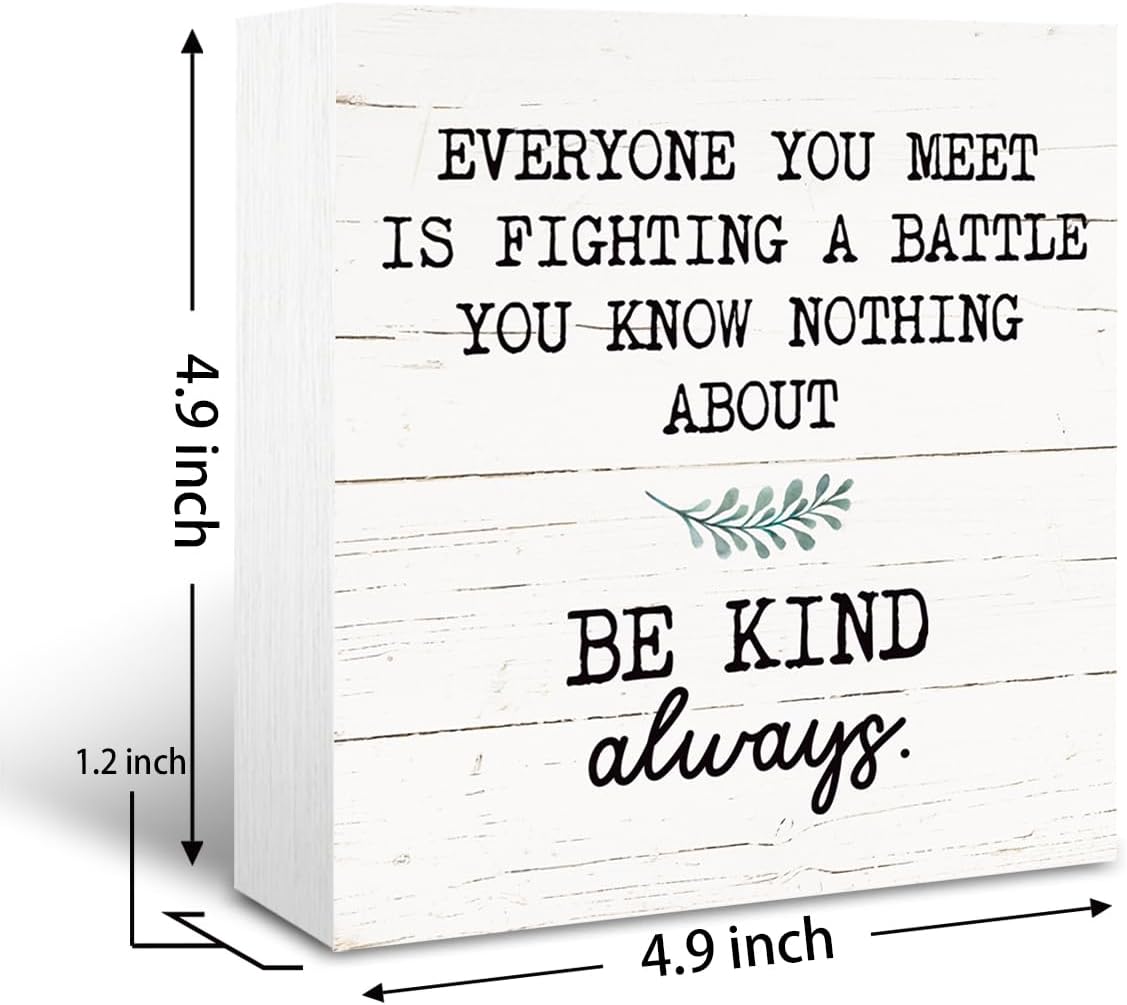 Inspirational Wood Block Signs, Positive Wood Decor, Shelf Table Decor, Desktop Decoration for Home Room Bedroom Office, Rustic Decorative Box Signs, Be Kind Always Sign, White