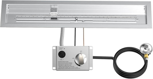 Skyflame 36" Linear Stainless Steel Fire Pit Drop-in Burner Kit with Flame Sensing, Electronic Spark Ignition, CSA Certified, and Propane Regulator Connector Hose Set for Propane Tank