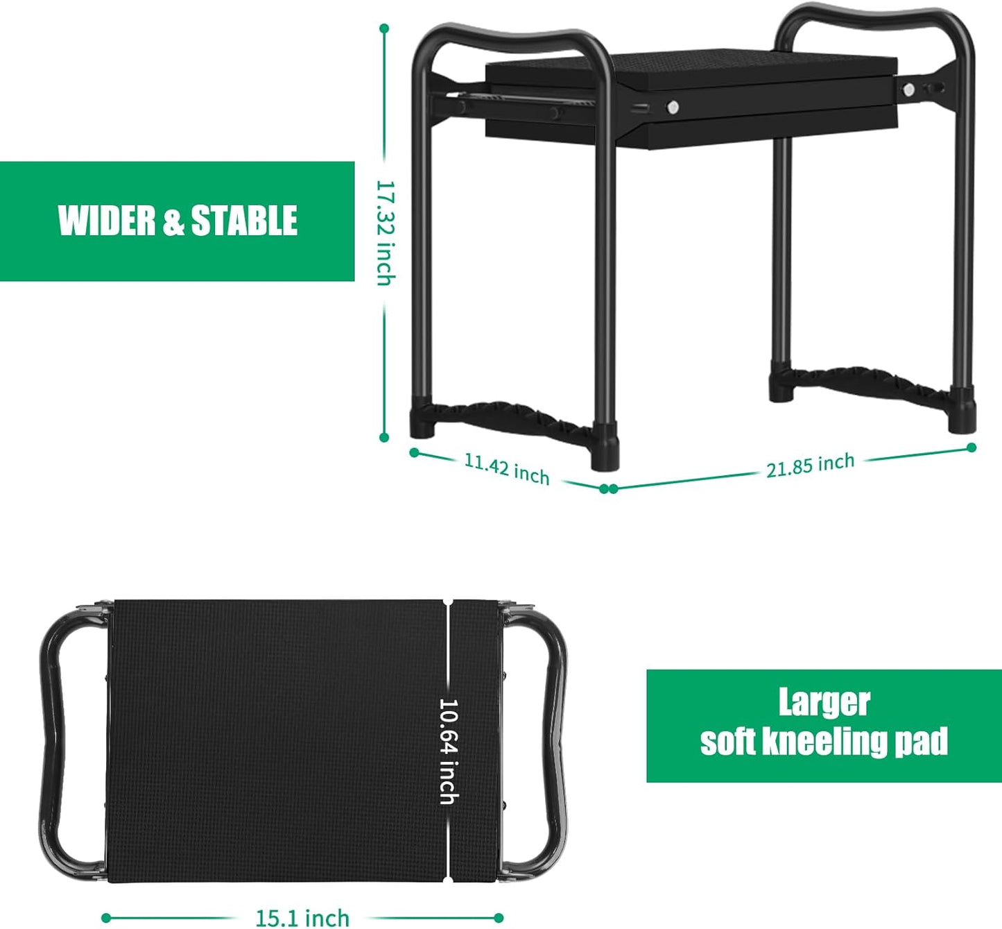 TomCare Garden Kneeler and Seat 10.64” Wider Larger Soft Kneeling Pad Garden Bench with 2 Large Tool Pouches Heavy Duty Garden Stool Foldable Tools Gardening Gifts for Women Men Gardeners,Black