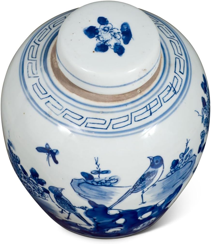 Blue and White Porcelain Bird Flower Motif Chinese Jar