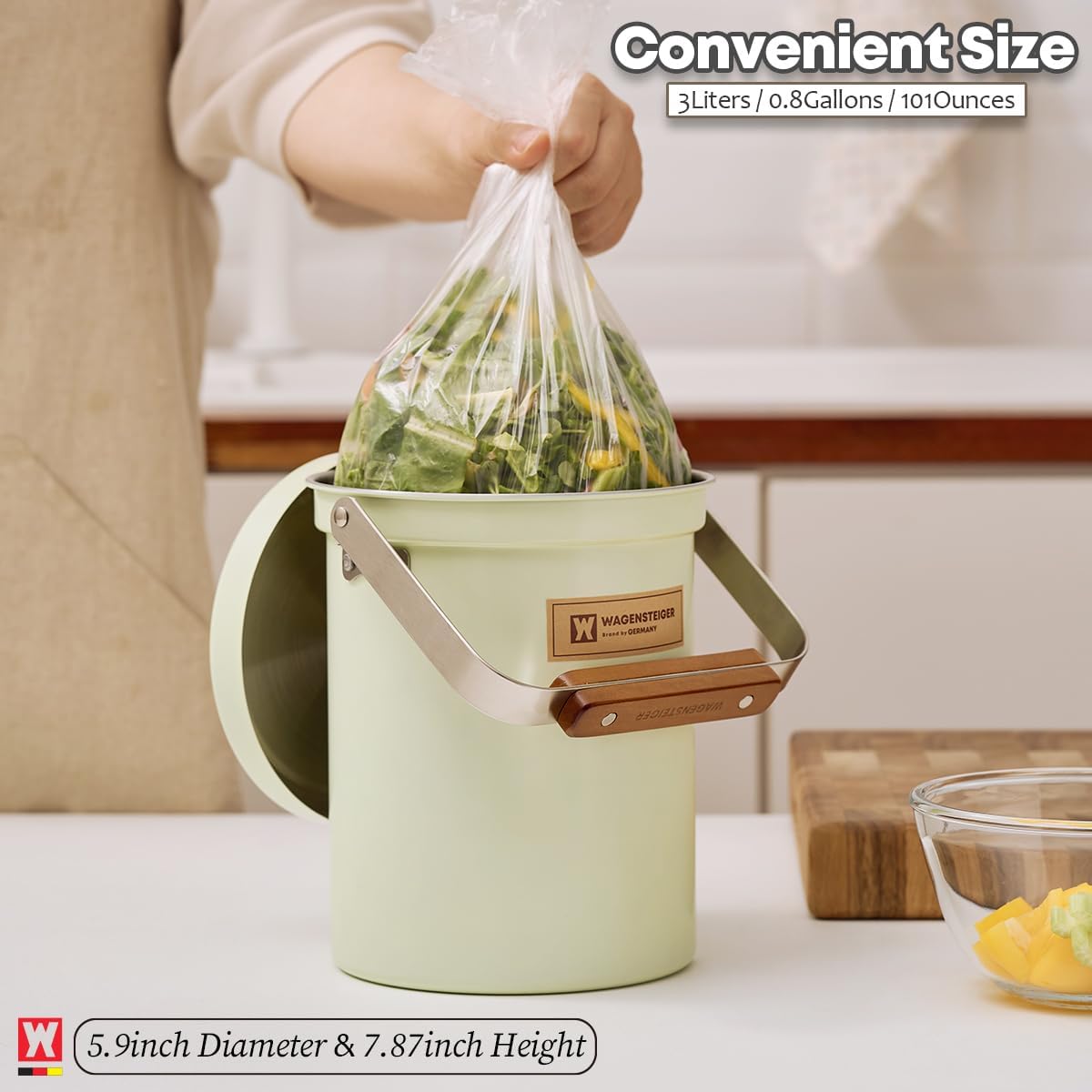 Kitchen Countertop Compost Bin 101Ounces / 3Liter with Airtight Lid, SUS304 Stainless Steel Odor-Free Food Waste Bin with Wooden Handle Stylish Design/Bathroon Trash Can (Mint Green)