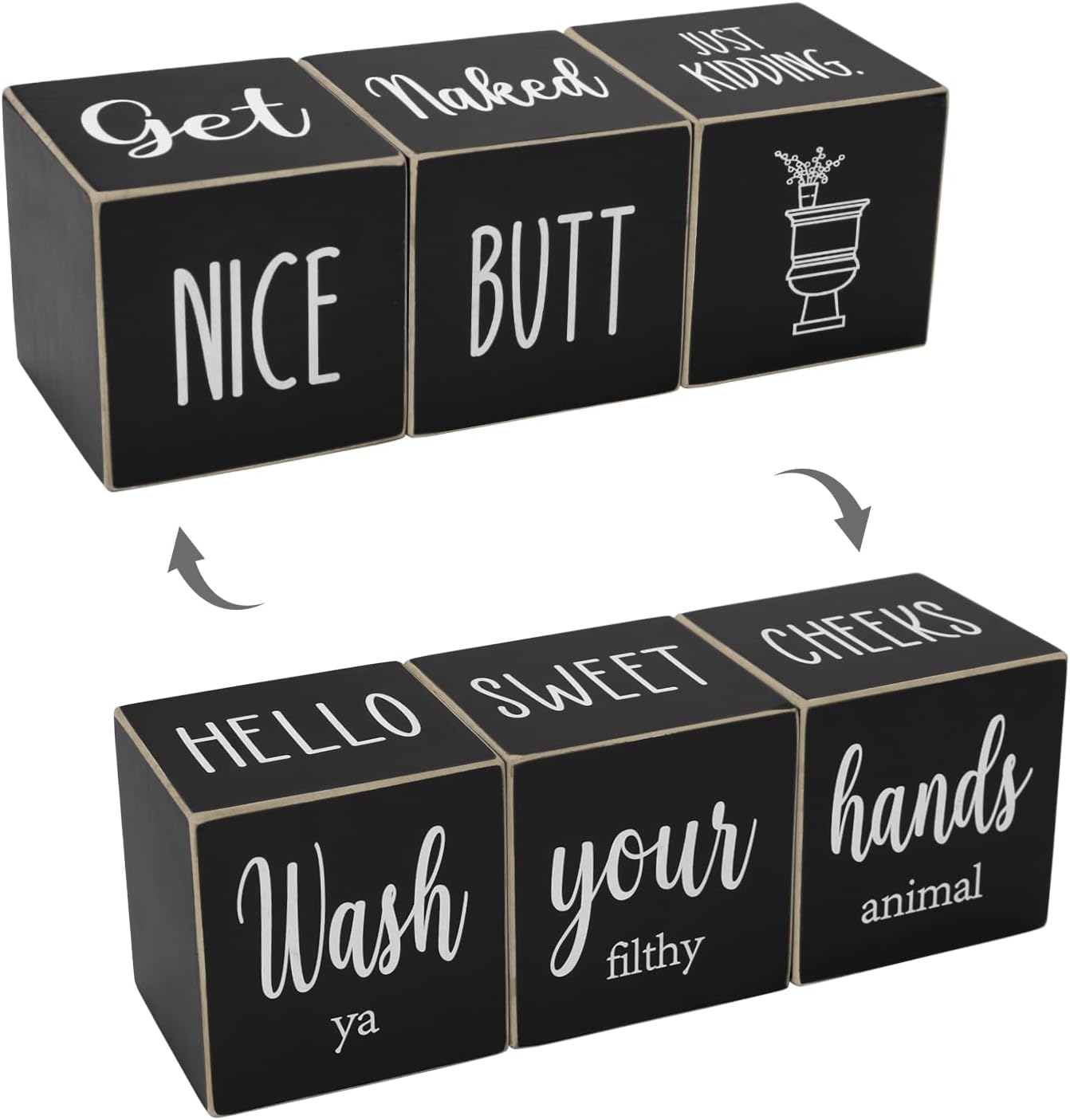 Farmhouse Black Bathroom Decor, 4-Sided Sign - Nice Butt&Get Naked&Hello Sweet Cheeks&Wash Your Hands Wooden Rustic Cute Funny Bathroom Decorations for Shelf Restroom, 2.8"