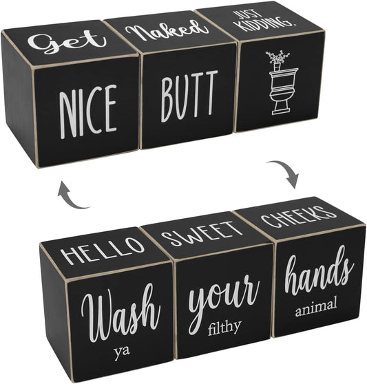 Farmhouse Black Bathroom Decor, 4-Sided Sign - Nice Butt&Get Naked&Hello Sweet Cheeks&Wash Your Hands Wooden Rustic Cute Funny Bathroom Decorations for Shelf Restroom, 2.8"