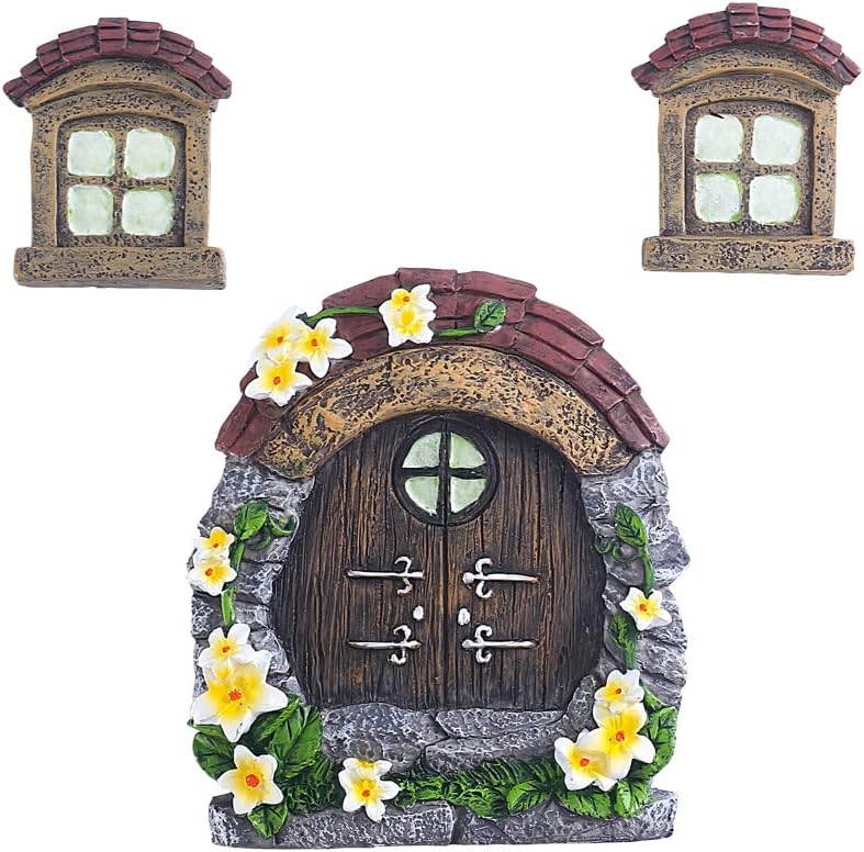 Fairy Gnome Home for Tree Decor，Glow in Dark Fairy House Have Window and Door for Garden Decoration，Fairies Sleeping Door and Windows, Yard Art Garden Sculpture, Lawn Ornament
