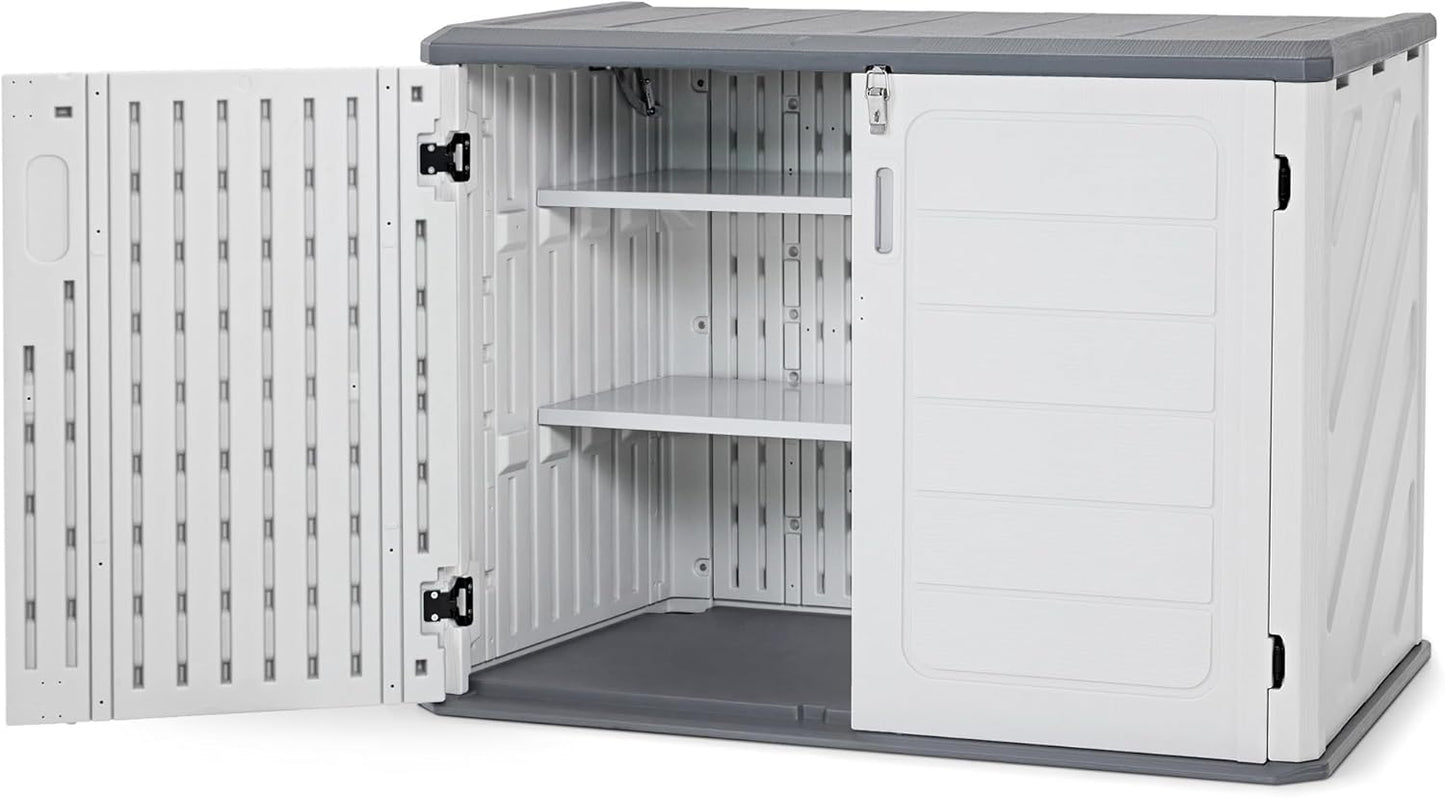 Macrout 25 Cu.Ft Small Plastic Outdoor Storage Cabinet with Shelves, 4.3 x 2.5 ft Waterproof Resin Outdoor Storage Shed with Floor, Lockable Horizontal Shed for Garden and Patio