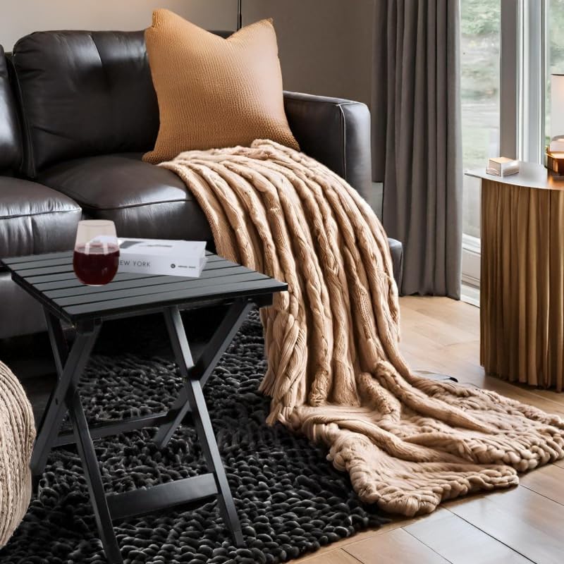 Outdoor Patio Side Table Set of 2 Small Wood End Square Table Folding Coffee Furniture for Living Room, Bedroom, Plant Stand, Camping Portable Black