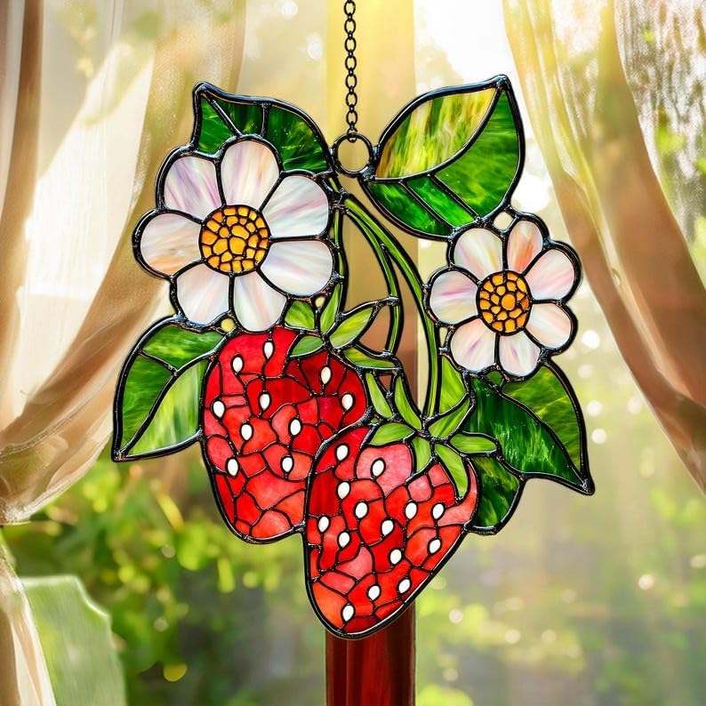 Strawberry Branch Acrylic Suncatcher Window Hanging Floral Home Decor Nature Lover Housewarming Gift