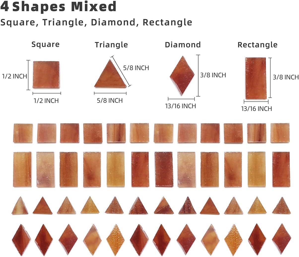 Lanyani Glass Mosaic Tiles for Art Crafts, 4 Shapes Mixed Colorful Tiles Tier, 200 Pieces, Square/Rectangle/Diamond/Triangle, Medium Brown
