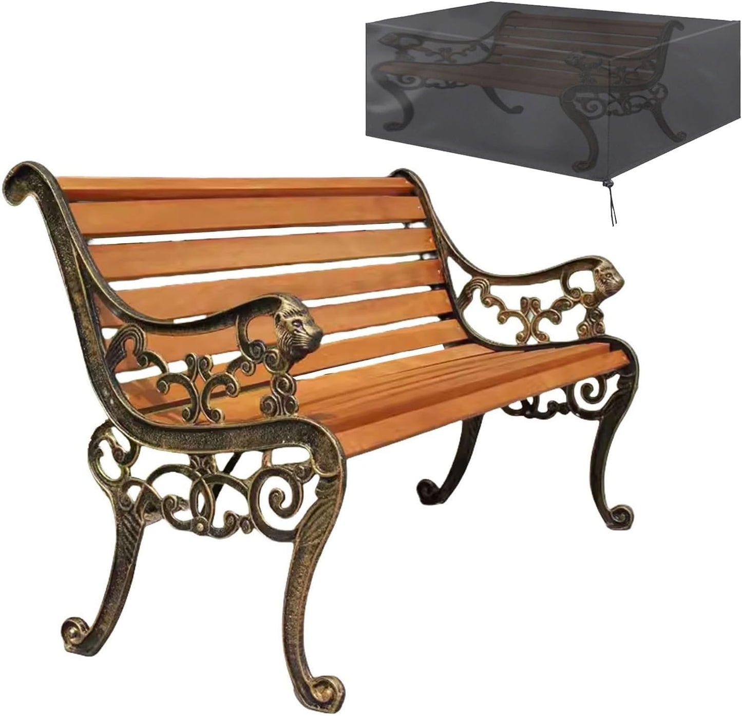 Outdoor Park Garden Bench with Cover, 2-3 Person Wood Patio Bench with Backrest+Armrests Weatherproof, Patio Porch Furniture Cast Iron Frame Bench for Lawn Porch Backyard(Teak+Antique Bronze)