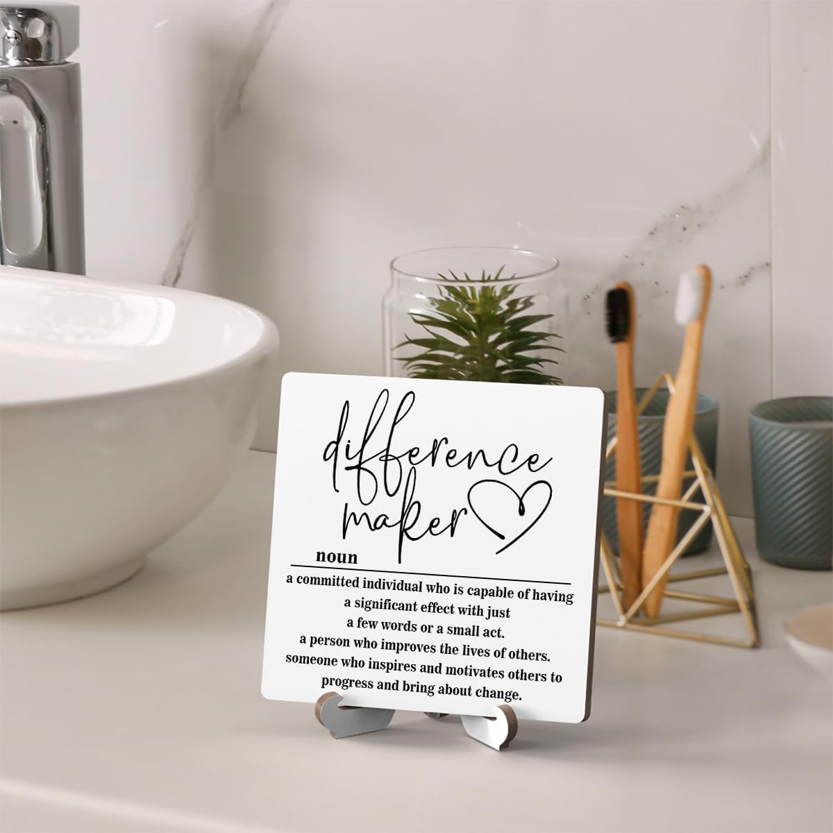 Wooden Table Sign Gift Difference Maker Definition Desk Decor Wood Plaque With Stand Unique Gift Ideas for Boss Women Best Mom Coworker Teacher Office(White)-A02