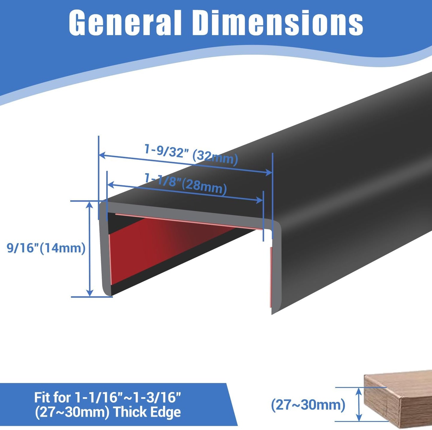 Rubber Edge Trim, Self-Adhesive U Channel Edge Protector for Plywood, Cabinet, 1-1/8" Wood Edge Banding, Flexible Furniture Repair, EPDM Material, Fit 1-1/8"(28mm), Length 20Ft, Black