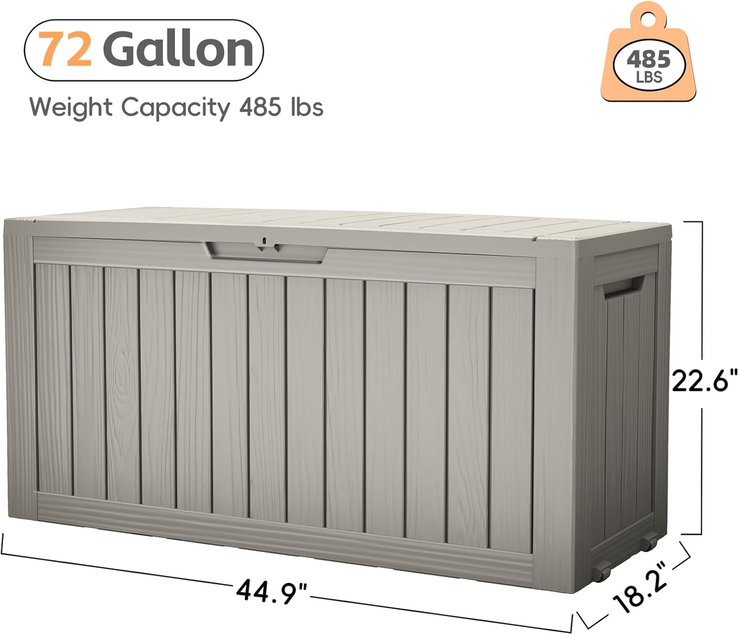 Outdoor Storage Box, 72 Gallon Waterproof Resin Deck Box, Storage Bin for Package Delivery, Patio Furniture Cushion, Garden Tools, Pool Accessories, Weatherproof and UV Resistant, Grey