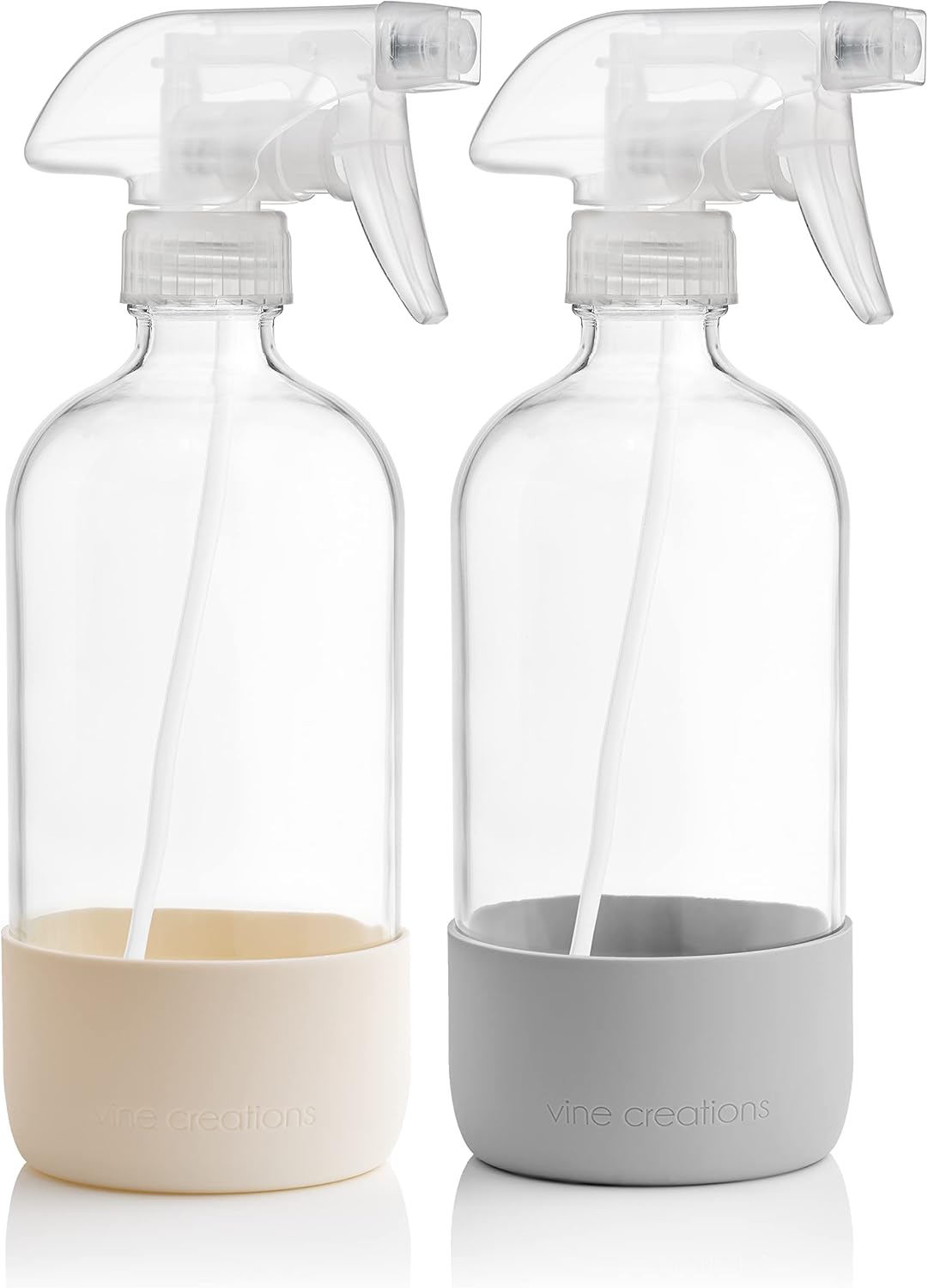 Vine Creations Glass Spray Bottles for Cleaning Solutions, Clear Glass Spray Bottle with Silicone Sleeve, 16 oz Empty Spray Bottles for Cleaning, Plant Spray Bottle, Mist and Stream Nozzle - 2 Pack