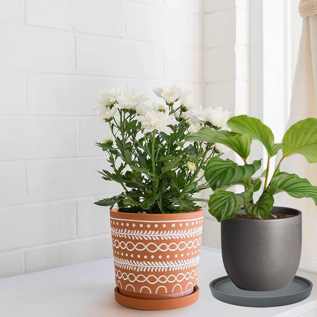 2 Pack Ceramic Plant Saucer Pot Tray 6 Inch, Planter Saucers 4 5 6 7 8 9 10 11 12 13 Inch for Indoors Outdoor, Durable Sturdy Flower Drainage drip Water Tray for Glazed Pots Base (6.4 Inch-Grey)