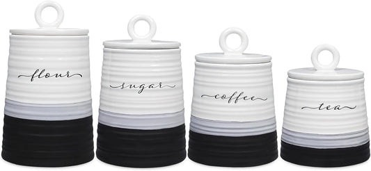 Young's Inc. 4 Pcs Set Rustic Modern Ceramic Canisters- Storage Container for Kitchen and Bathroom - Beautiful Home Decor Accent to Store Food, Coffee, Tea, and More - Black, White